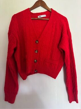 ZARA Bright Red Cable Knit Button-Up Cardigan